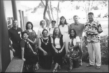 At the Stools between the Administration Office and the Cafeteria - (Rear) Bill Horn, Keithie Joseph Rebello, Marvella Hinshaw Walters, 
Marvina Hinshaw Smith, Diane Lavoie Espinosa, Kurt Rebello, Runi Tafeaga
(Front) Mary Renfer, Valerie Craigwell Whit